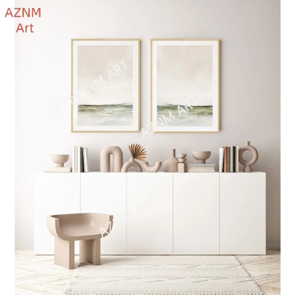 tableau abstrait minimaliste toile beige gris vert vague 40x50cm 30x40cm 20x30cm
