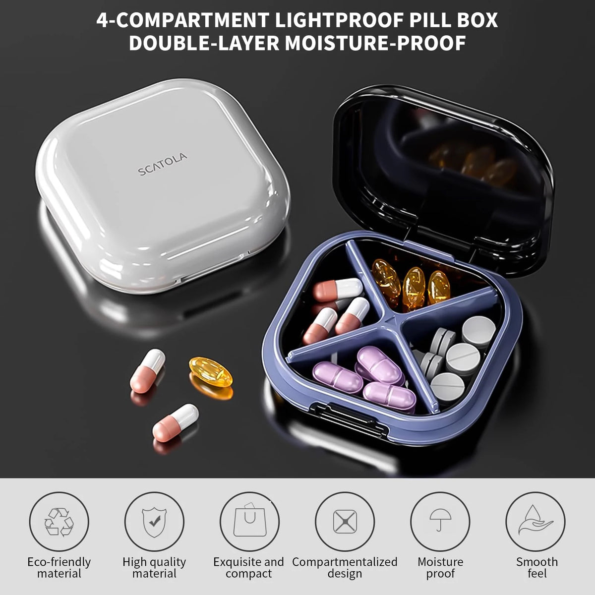boîte pilules violet moderne compact compartiments snap closure voyages quotidien vitamines suppléments