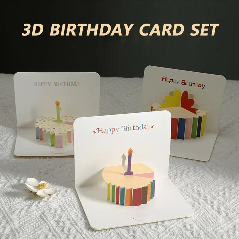 carte 3D anniversaire pop up gâteau bougies motifs géométriques multicolores blanc rouge vert enveloppe