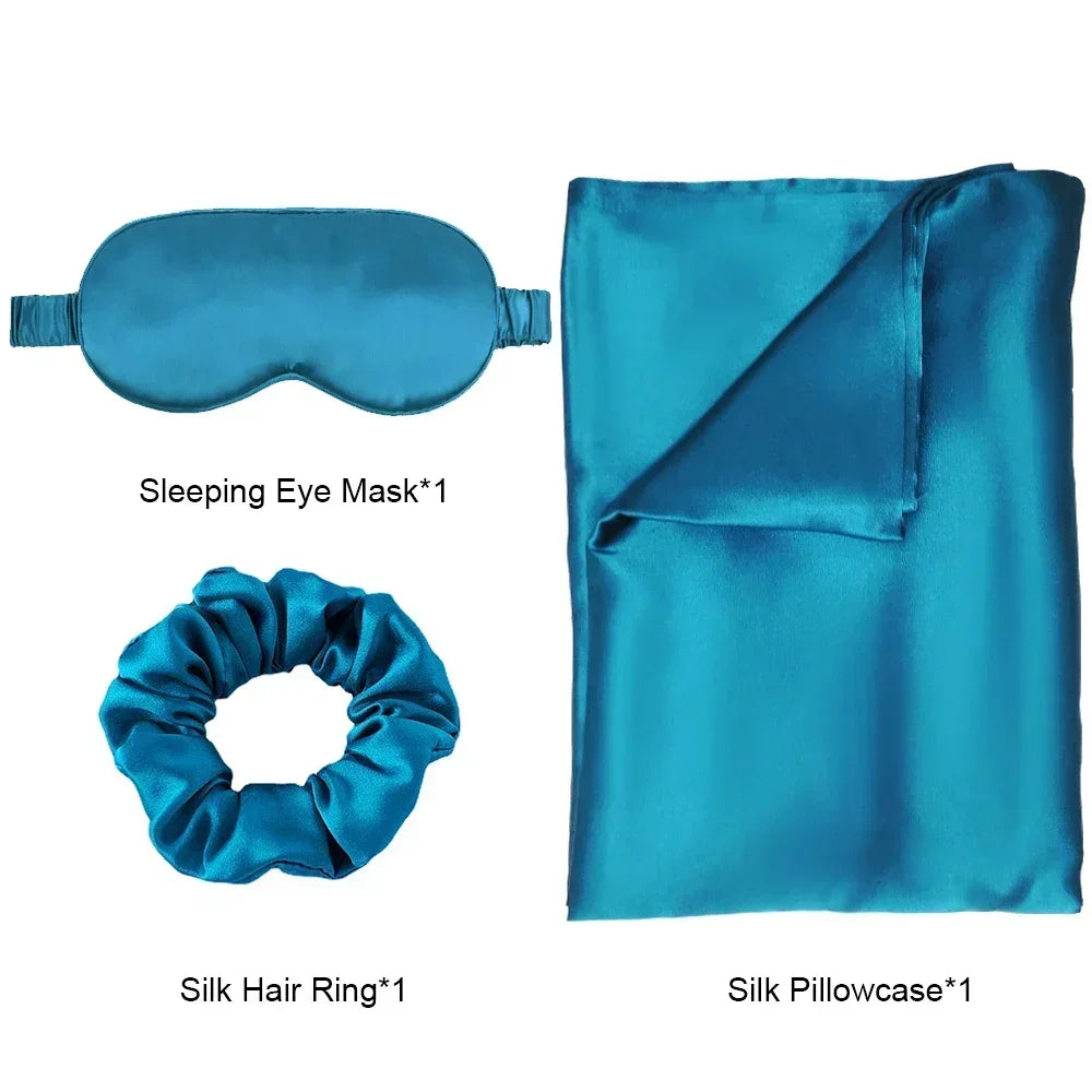 ensemble taie d'oreiller masque sommeil scrunchie soie naturelle vert foncé satiné élégant moderne