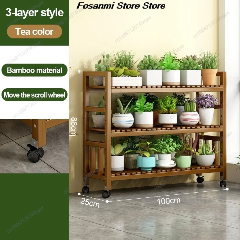 présentoir vertical étagère fleurs mobile bois naturel lattes horizontales moderne 10 niveaux roulettes balconintérieur