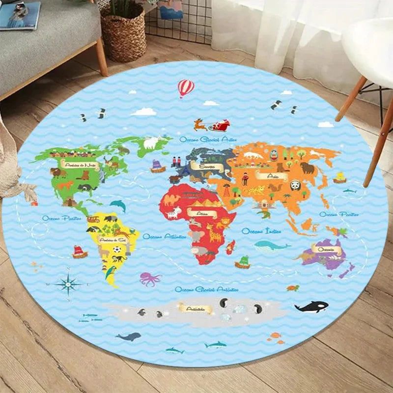 tapis rond carte monde animaux bleu vert blanc enfant moderne extérieur salon chambre prière