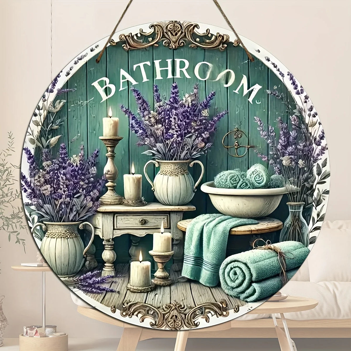 décoration murale suspendue salle bain plaque bois lavande bougies vintage rustique 20cm diamètre chambre