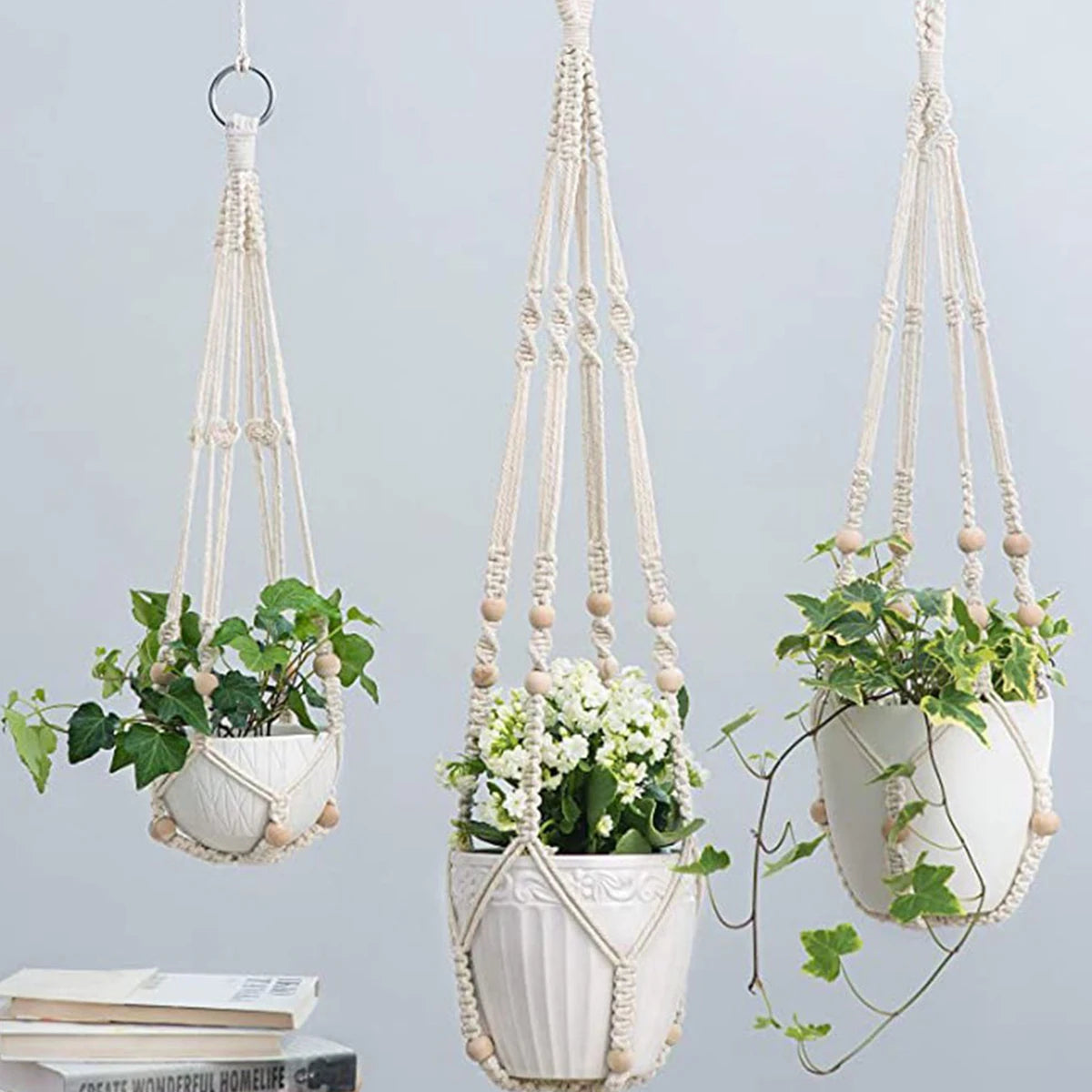 support plante suspendue macramé bois boho pot blanc noir gris anneau métallique