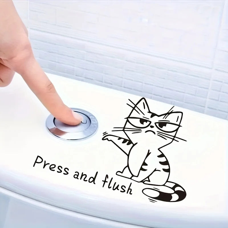 sticker adhésif chat cartoon bouton toilette moderne blanc argenté pvc semi mat 10x15cm