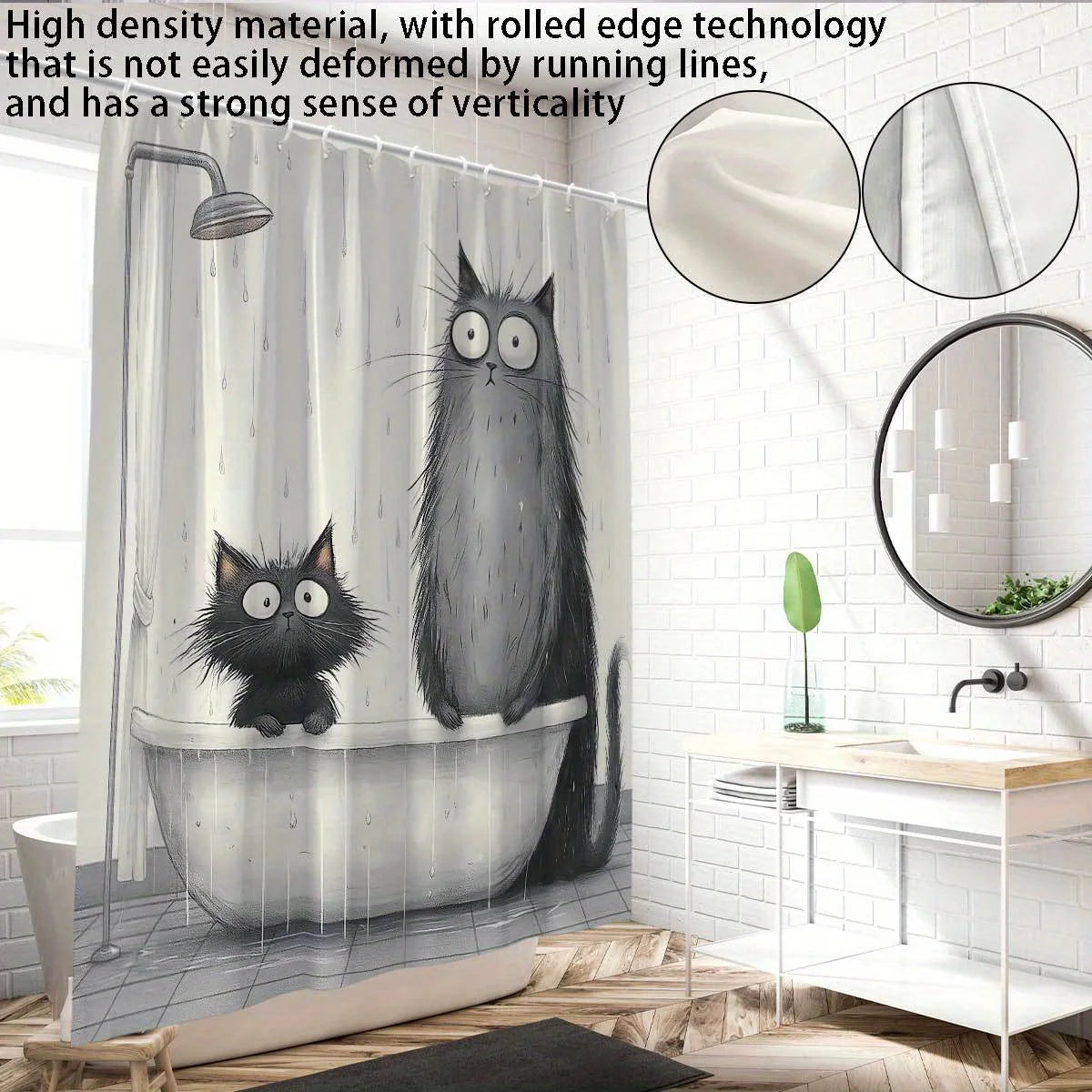 rideau douche chats baignoire illustration humoristique anneaux métalliques opacité blanc gris noir