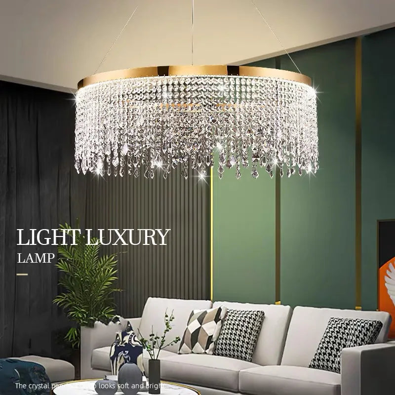 lampe suspendue cristal or moderne élégante chaînes transparentes salon salle manger