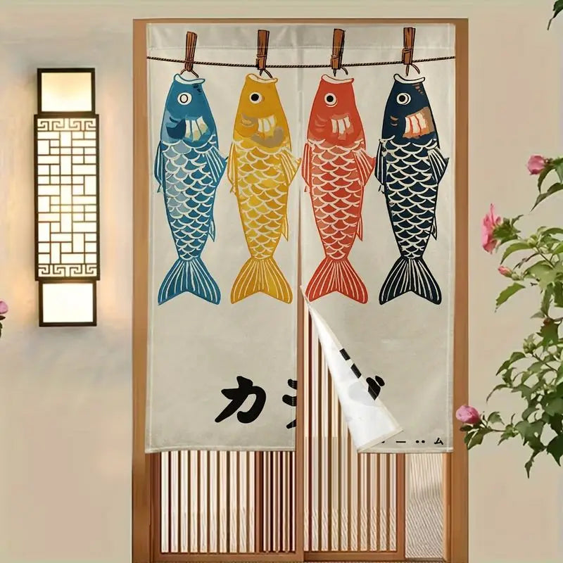 rideau porte poissons koi japonais bleu rouge jaune clips traditionnel polyester opaque