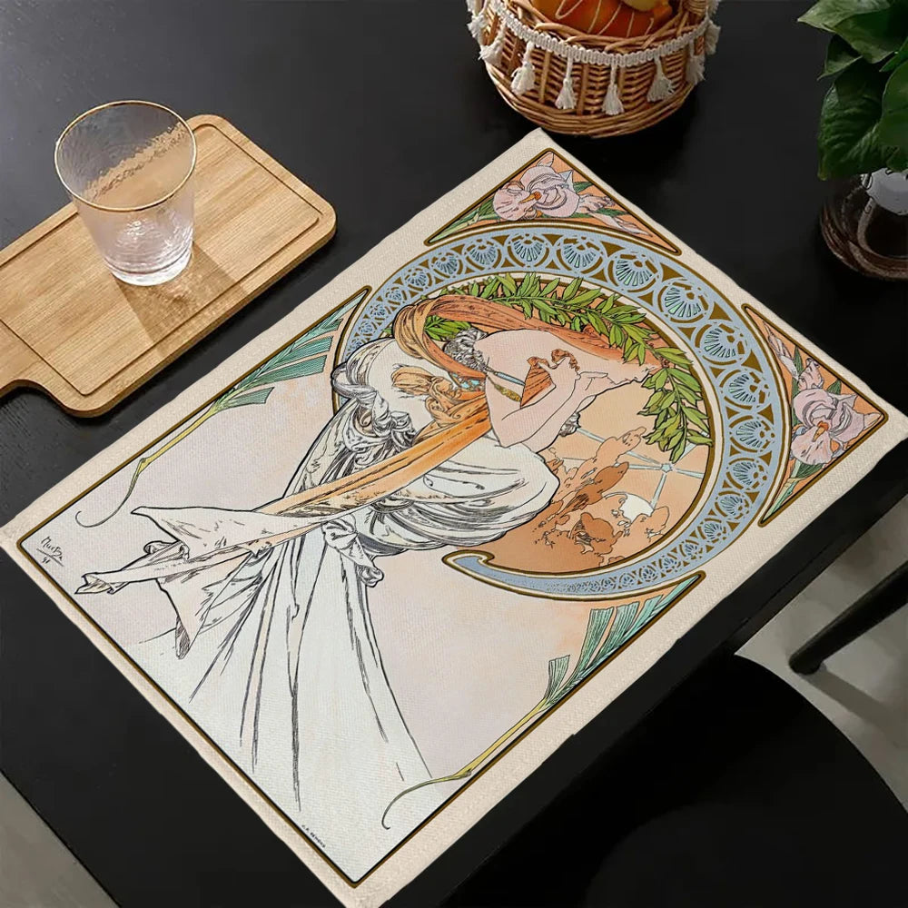 Napperon de table Alphonse Mucha en lin couleur verte dans un intérieur naturel