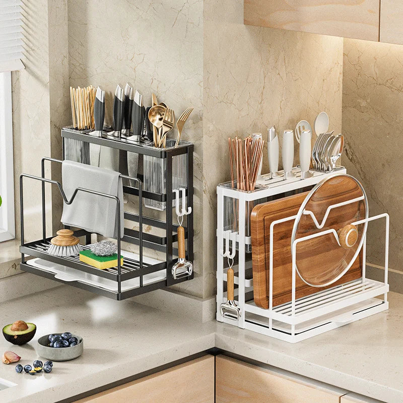 étagère vaisselle moderne adhésive blanc inoxydable paniers transparents cuillères fourchettes couteaux serviette brosse gant