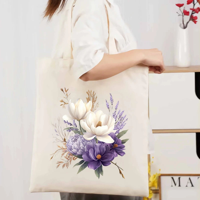 sac main toile floral beige fleurs blanches violettes respectueux environnement multifonction poignées tissu