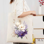 sac main toile floral beige fleurs blanches violettes respectueux environnement multifonction poignées tissu