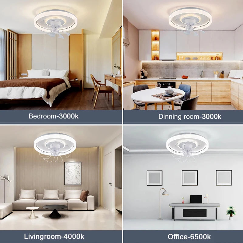 ventilateur moderne led rotation 360° télécommande éclairage chambre blanc minimaliste