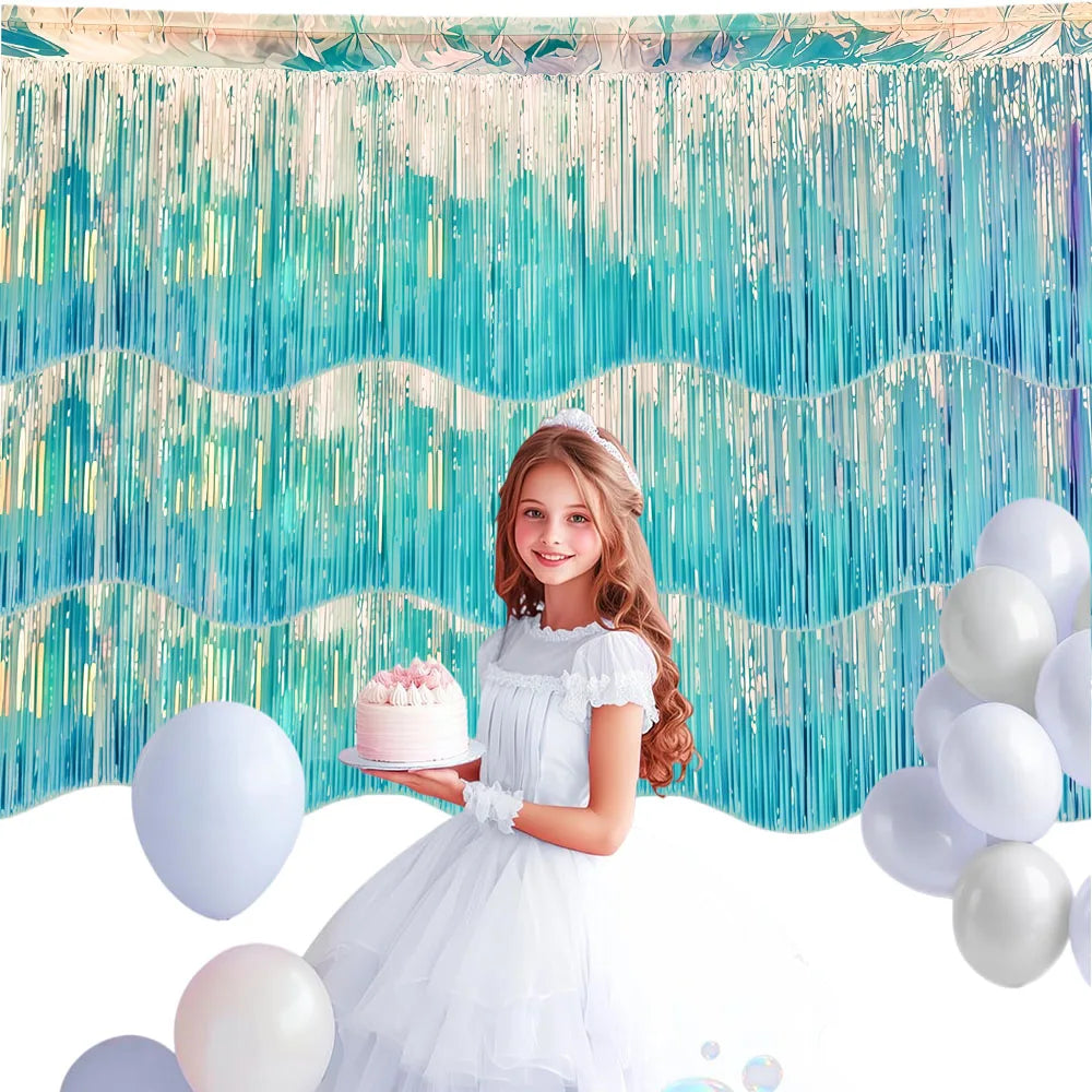 rideau festif iridescent bleu vert argent moderne mariage anniversaire ondulé 300cm 380cm