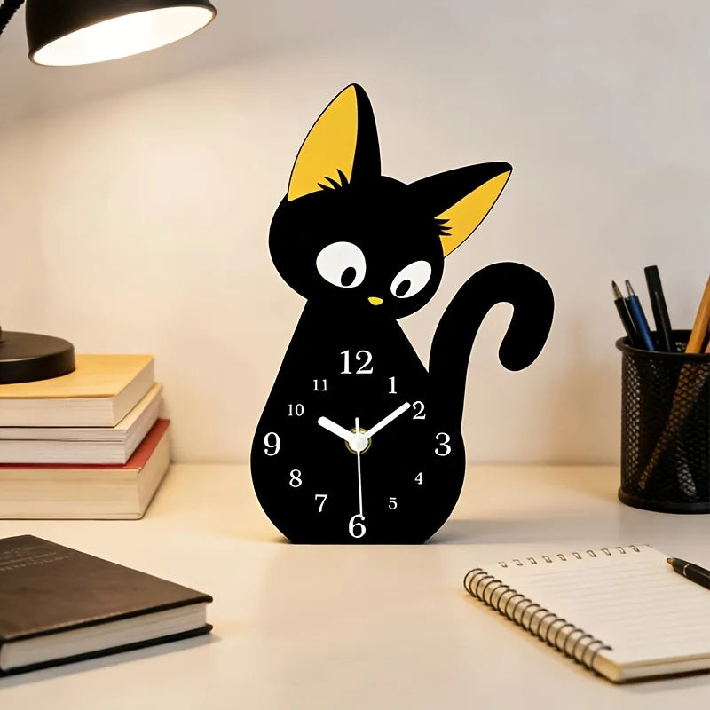 horloge chat stylisé moderne quartz aiguille acrylique noir jaune chambre salon