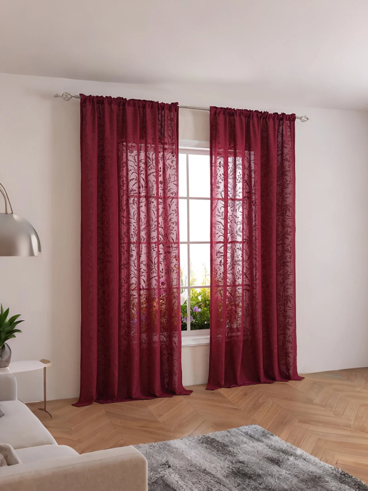 rideau imprimé floral semi transparent moderne polyester rouge bordeaux salon