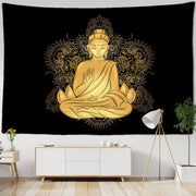 tapisserie murale bouddha doré éléments végétaux spirituel intérieur zen décoration bohème