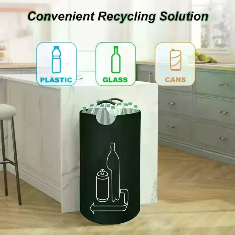 sac tri sélectif poubelle pliable noir graphique recyclage moderne minimaliste tissu texturé poignée métallique