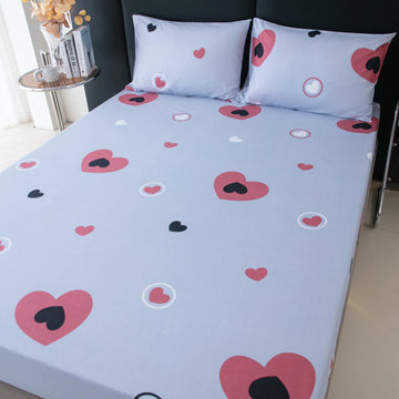 drap housse matelas gris clair motif coeur rose blanc moderne coton polyester chambre adulte