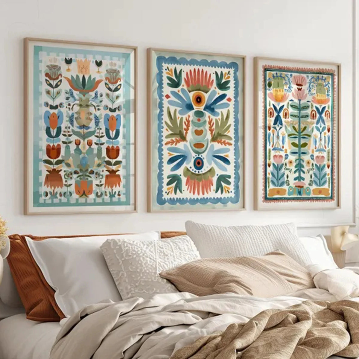 affiches murales florales modernes couleur bleue verte texture mat cadre bois chambre salon