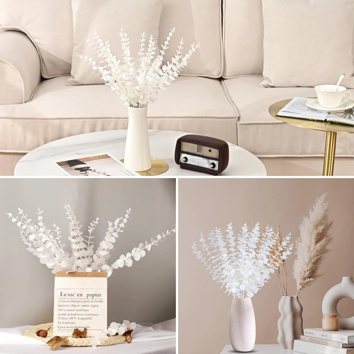 bouquet artificiel feuilles vertes naturel minimaliste ruban blanc vase blanc tapis beige ornement extérieur