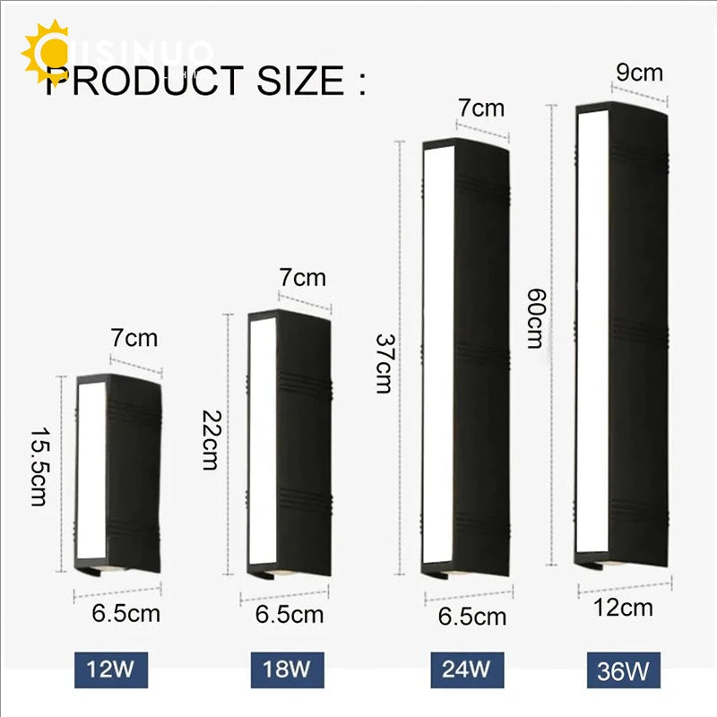 Eclairage led mural moderne imperméable aluminium noir 110 240v ip65 15.5cm 22cm 37cm 60cm
