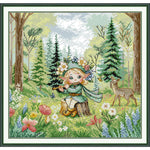 broderie point croix chanson forêt arbres fleurs fille flûte cerf guide carton coton multicolore