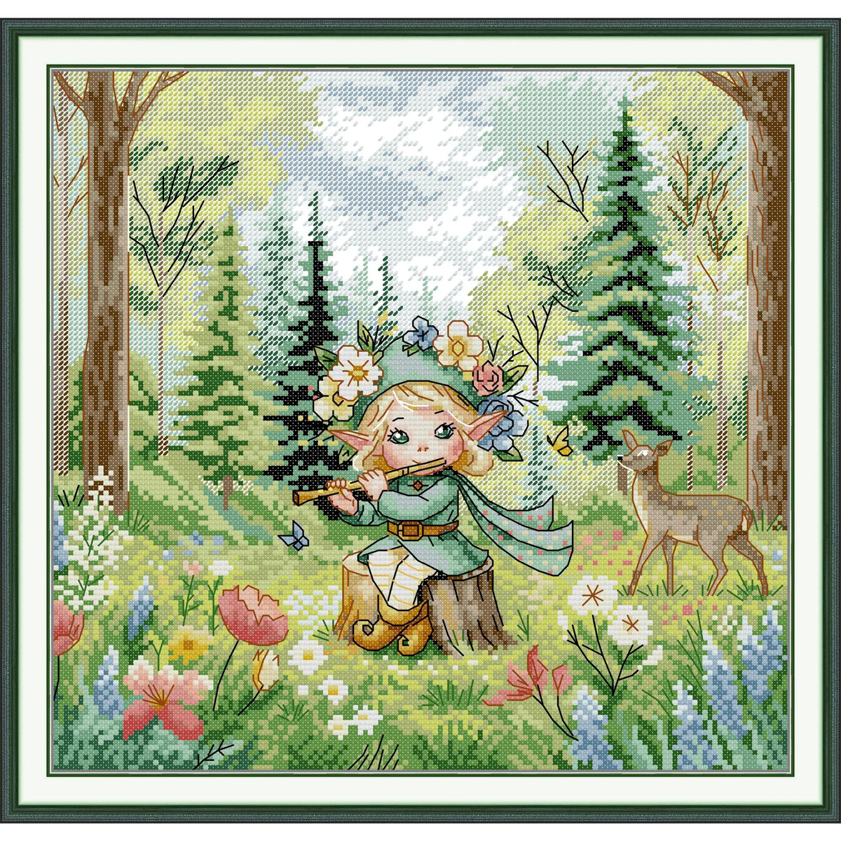 broderie point croix chanson forêt arbres fleurs fille flûte cerf guide carton coton multicolore