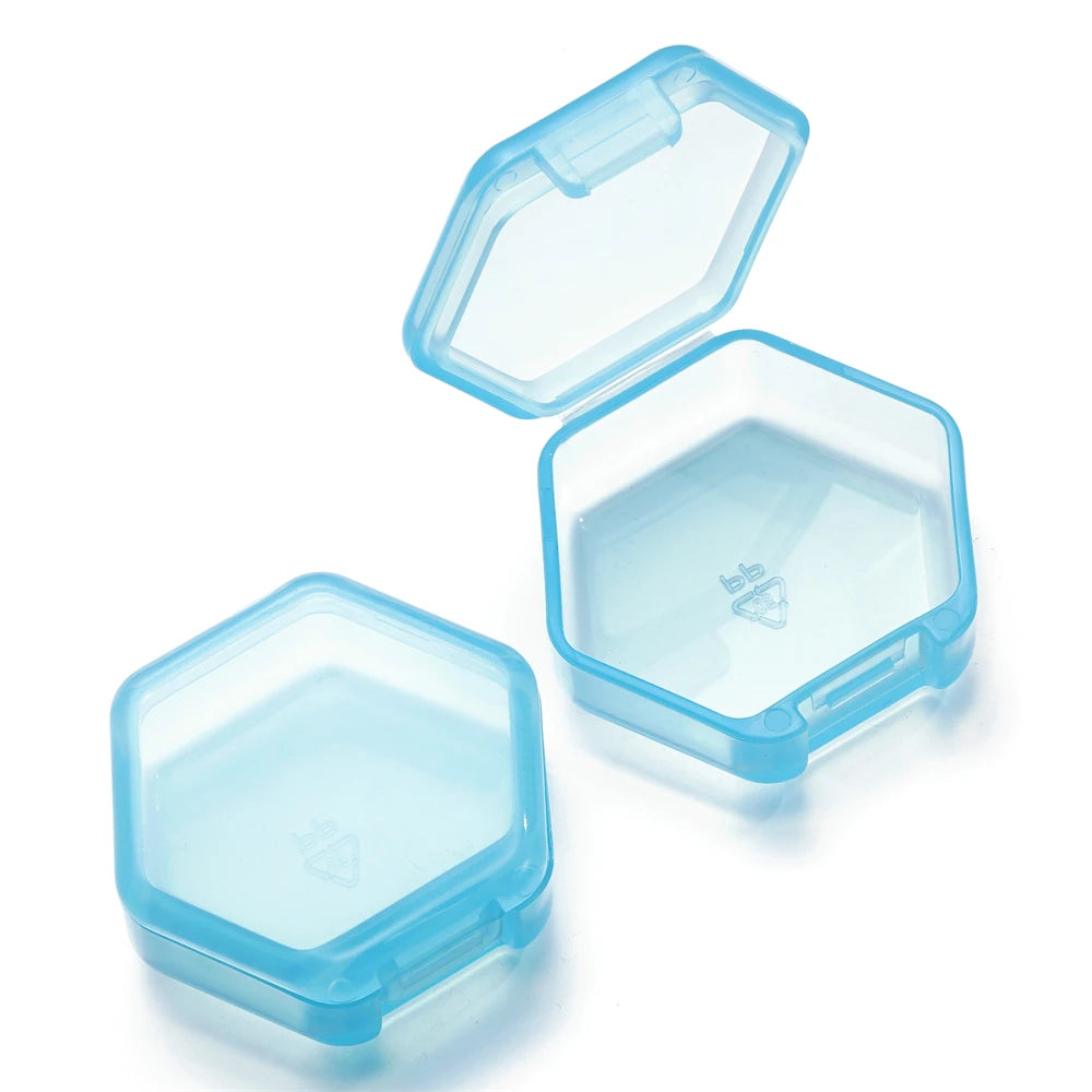 boîtes rangement hexagonnelles modernes transparentes clips colorées bleu noir vert orange violet rouge 42x46mm