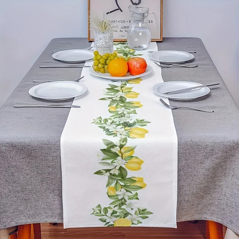tableau lin motif feuilles fleurs citrons printemps estival blanc vert jaune decoration interieur