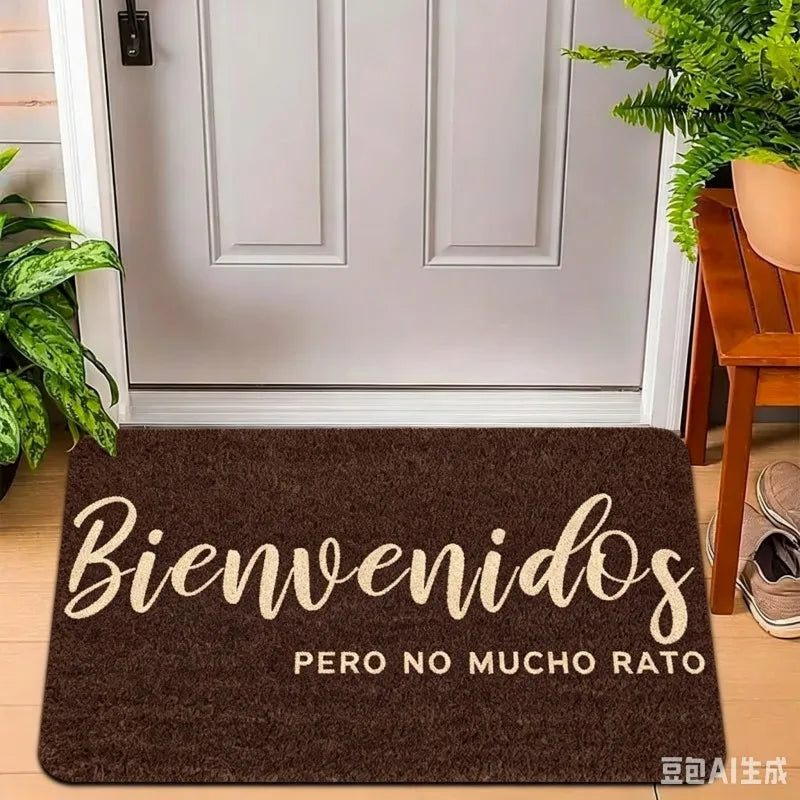 tapis d'entrée marron beige gris texte espagnol résistant rides polyester moderneextérieur adultes