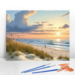 peinture l'huile paysage marin toile moderne coucher soleil vagues herbe sable pinceaux palette débutants