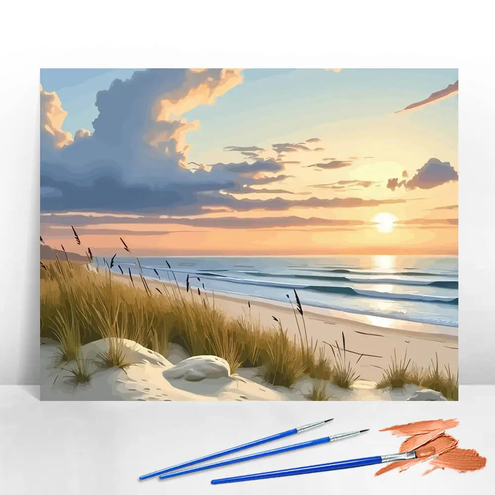 peinture l'huile paysage marin toile moderne coucher soleil vagues herbe sable pinceaux palette débutants