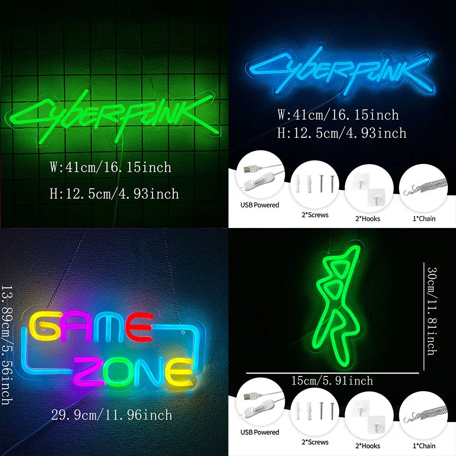 néon lumineux cyberpunk game zone texte abstrait vert bleu jaune rose violet moderne
