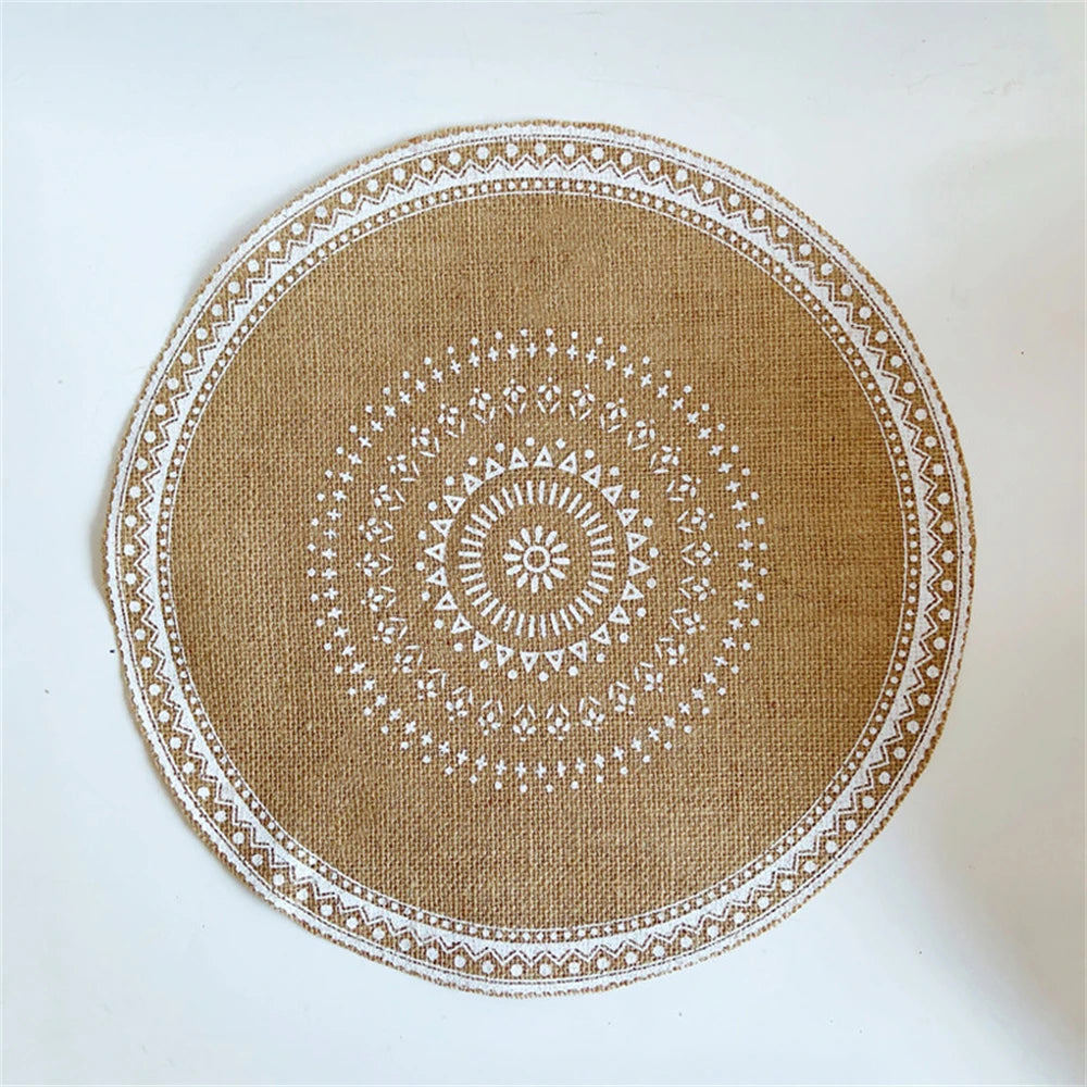 tapis table boho chic rond motif ethnique franges beige noir vintage respectueux environnement 38cm
