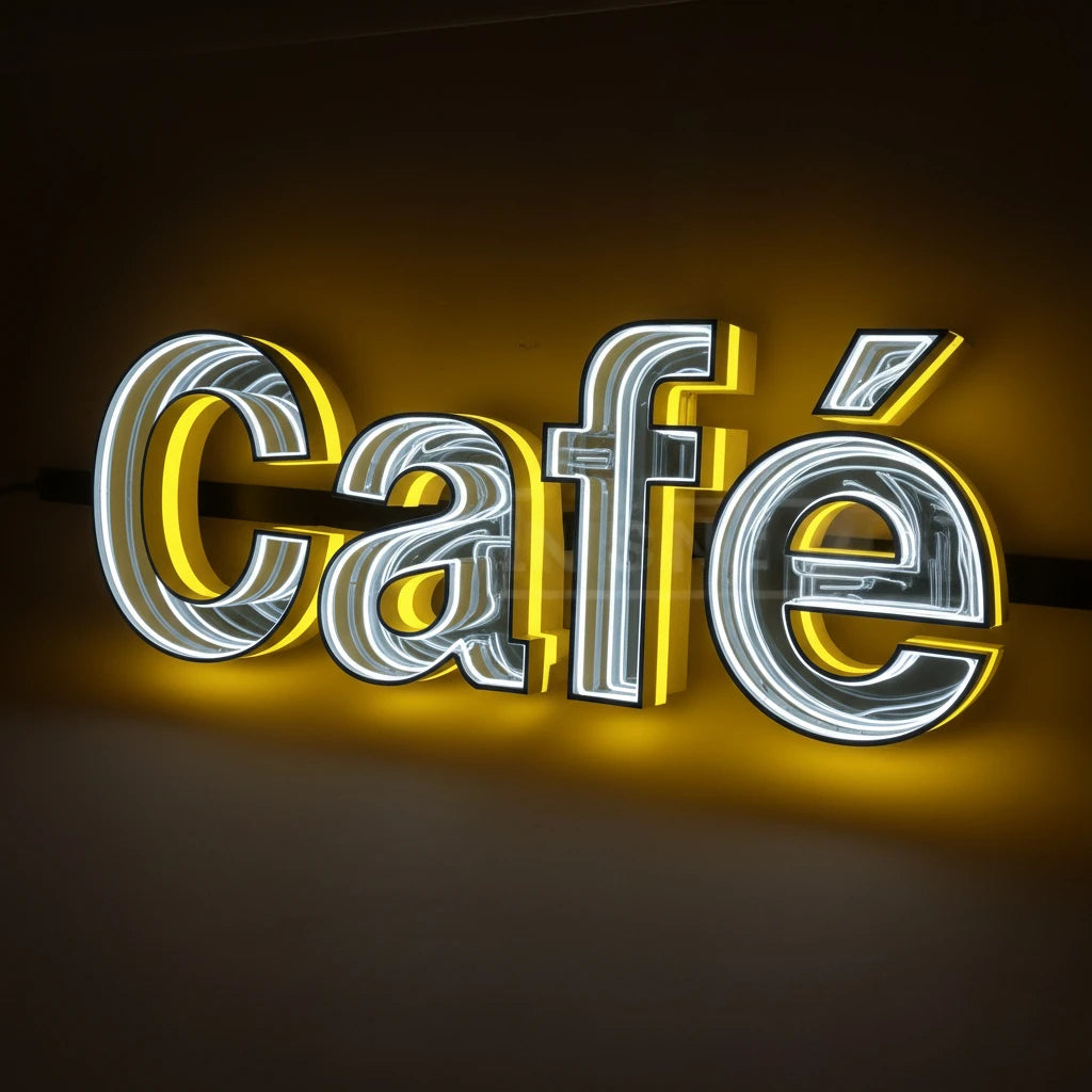 enseigne lettres lumineuses néon personnalisée effet miroir infini 3d moderne commerce intérieur