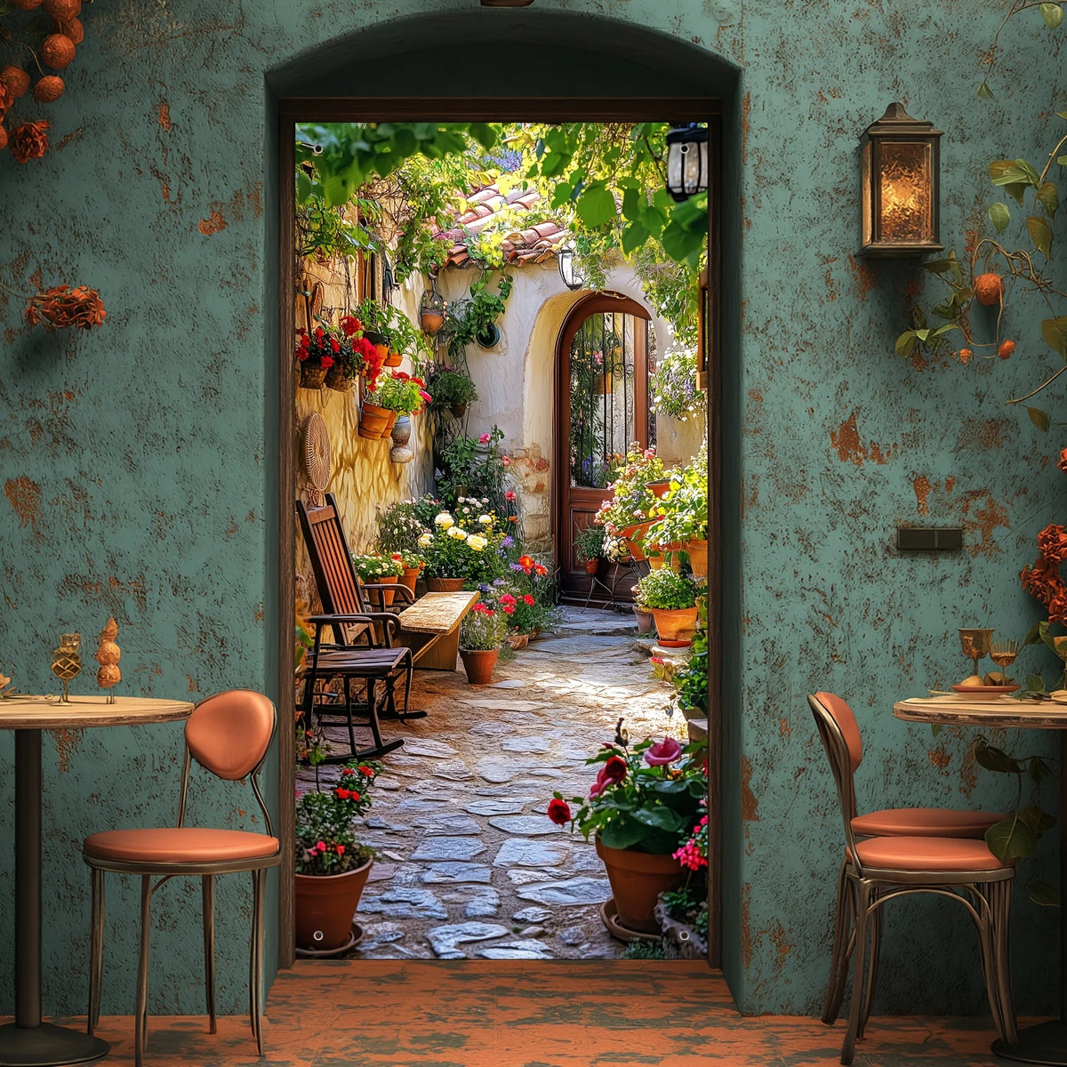 décoration murale jardin fleuri porte bois allée pavée anniversaire mariage événementextérieur festive