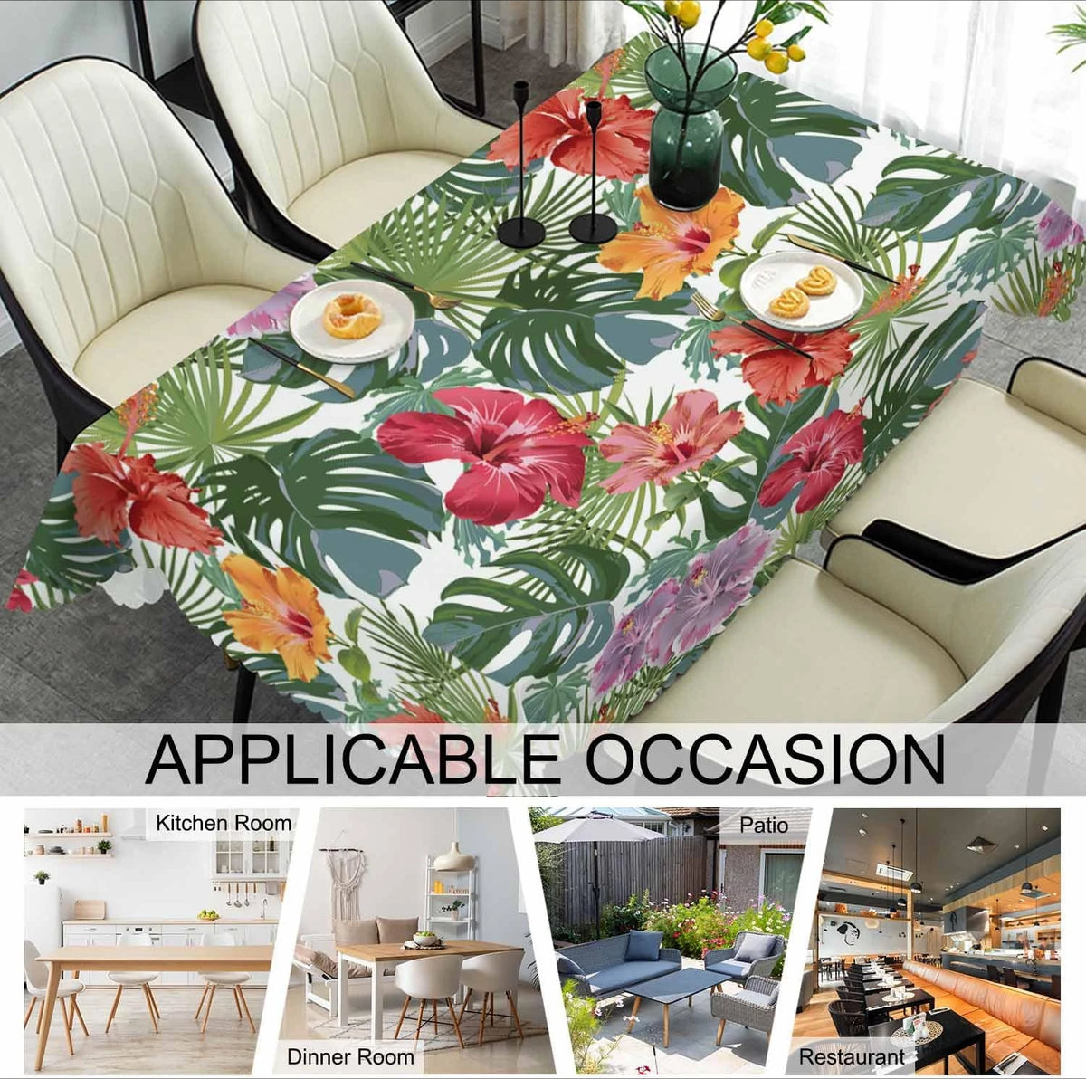 nappe imperméable réutilisable fleurs tropicales moderne verte rouge orangée table manger polyester