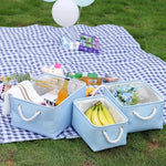 boîtes rangement lin bleu clair rose pâle vert pastel poignées corde respectueux environnement moderne