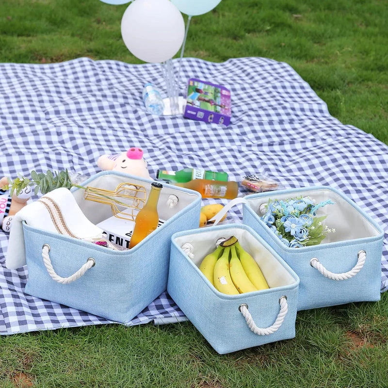 boîtes rangement lin bleu clair rose pâle vert pastel poignées corde respectueux environnement moderne