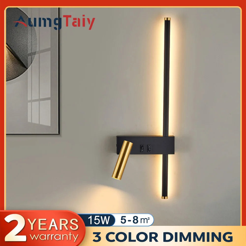 lampe murale led moderne minimaliste noir doré fixée mur interrupteur câble 2000lm chambre salle