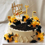 décoration gâteau anniversaire enfant construction tracteur excavatrice bulldozer panneaux signalisation jaune noir