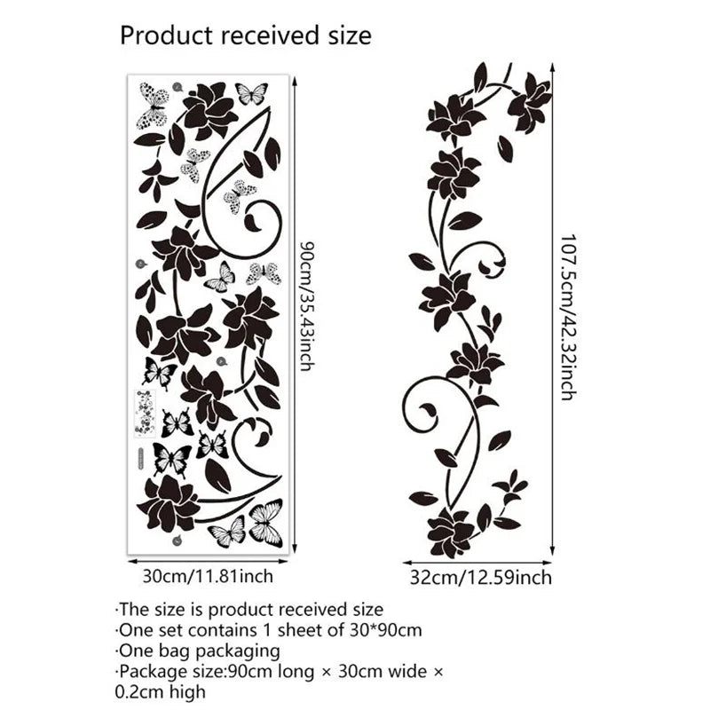 autocollant mural fleurs papillons noir vinyle floral adhésif décoration intérieure porte baignoire chambre 90x30