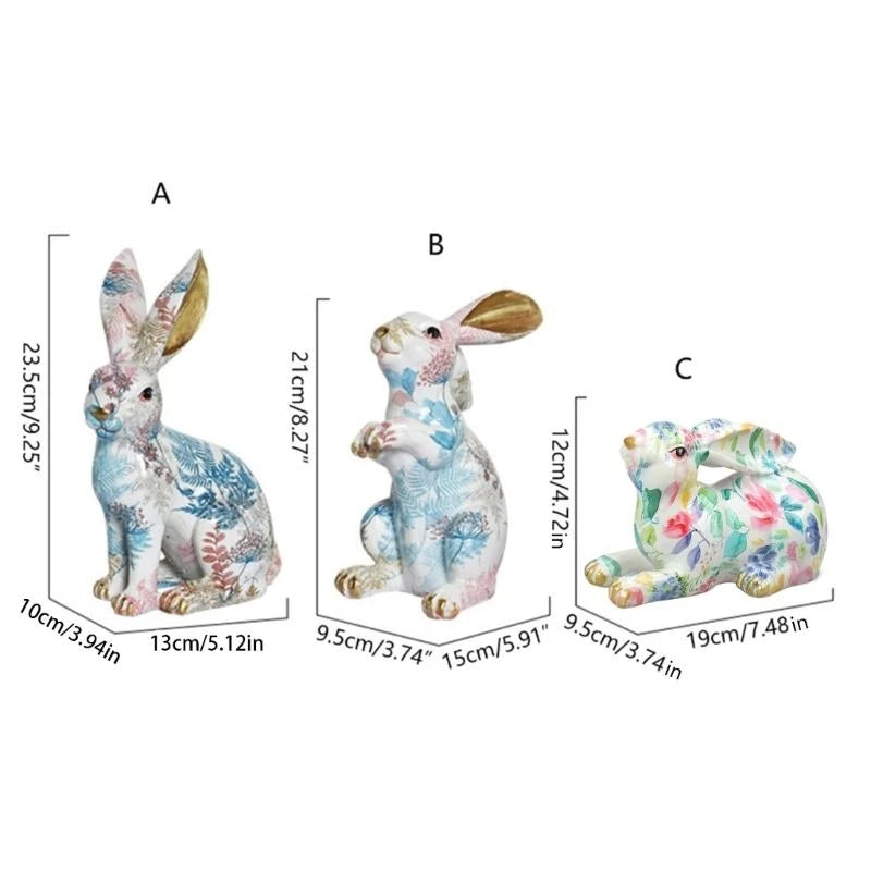 statuette lapin décorative résine peinte motifs floraux dorures modernes blanc rose bleu vert jaune