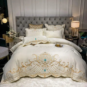 ensemble literie luxueux motifs floraux baroques couleurs or turquoise blanc cassé
