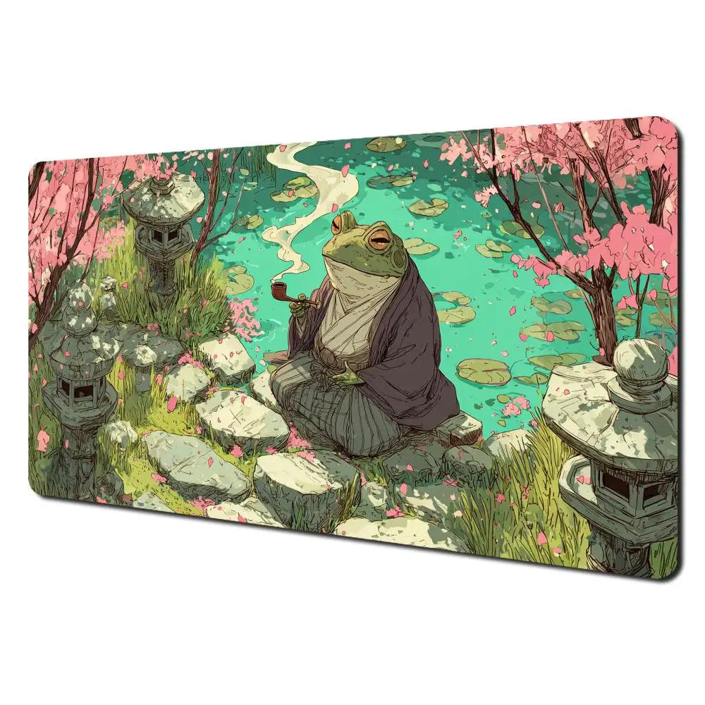 tapis jeu socle antidérapant vert rose grenouille fleurs cerisier art numérique cartes jeu 60cm