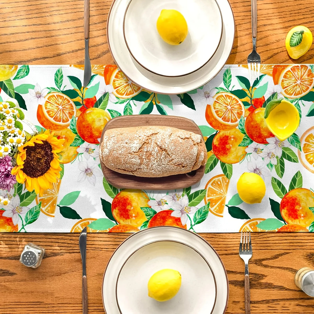 nappe lin motif oranges fleurs blanches feuilles vertes deco table rustique orange blanc vert
