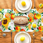 nappe lin motif oranges fleurs blanches feuilles vertes deco table rustique orange blanc vert