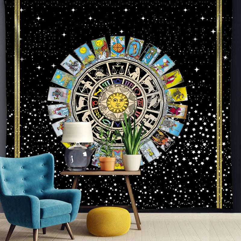 tapisserie zodiaque tarot astrologique noir doré classique chambre décoration muristique bohème
