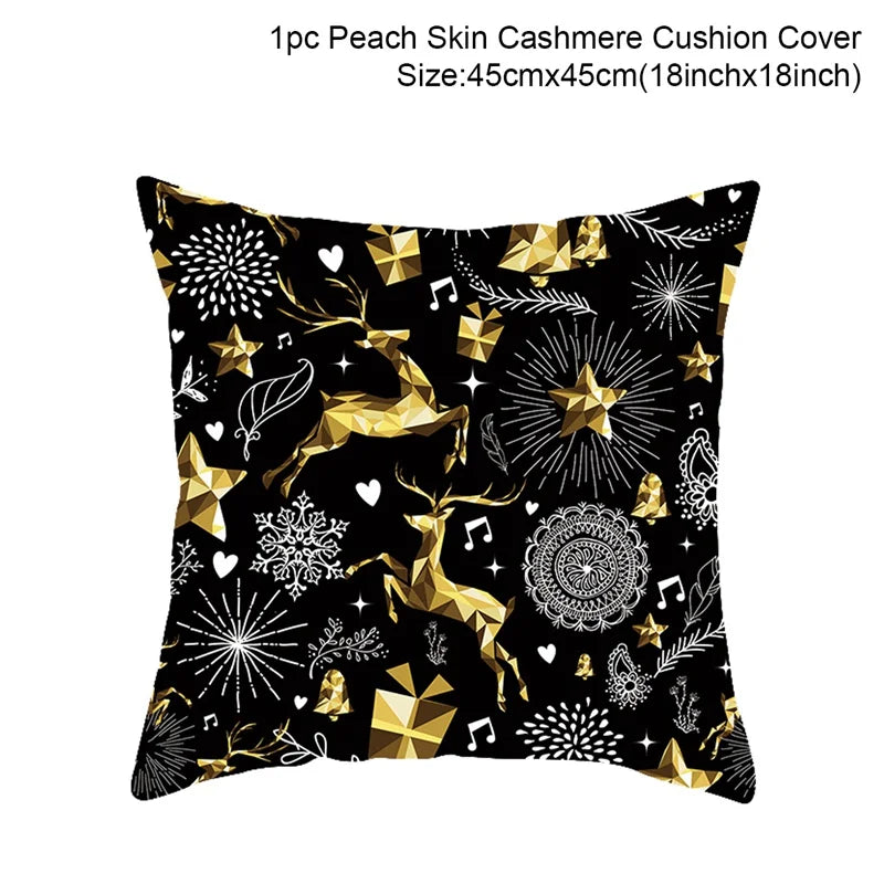 housse coussin noël motifs cerfs flocons étoiles or noir festive decoration fixations